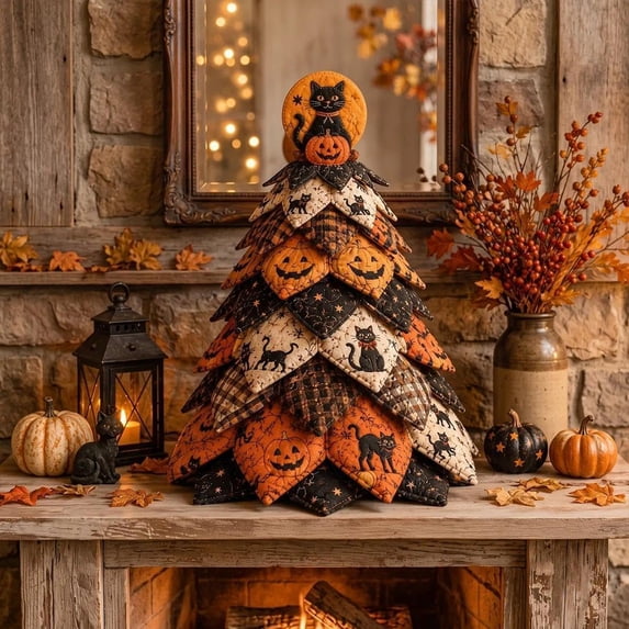 DIY Halloween Folded Fabric Tree Kit, 7.87" Handcrafted Quilting Sewing Craft Set, Spooky Pumpkin Tabletop Ornament Decor Gift for Sew Crafters (Moonlit Black Cat)