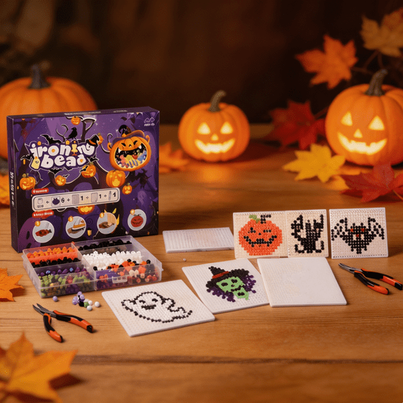 DIY Halloween Fuse Beads Kit 900 PCS 12 Colors Melty Bead Set with Pattern Cards & Tweezers - Perfect for Screen-Free Craft Time