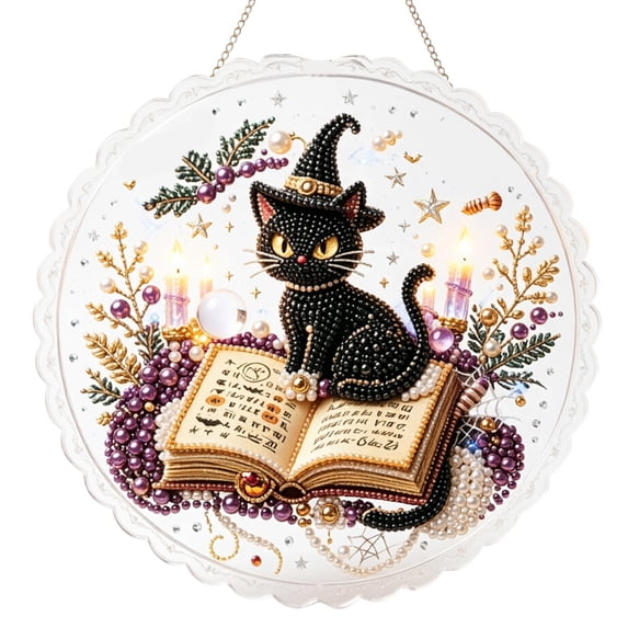 DIY Halloween Pearl Art Diamond Painting Suncatcher Kit Halloween Pearl Beads Art Craft for Adults & Beginners, Gemstone Hanging Ornament Board, Festive Home Decor (Cat), 7.87in