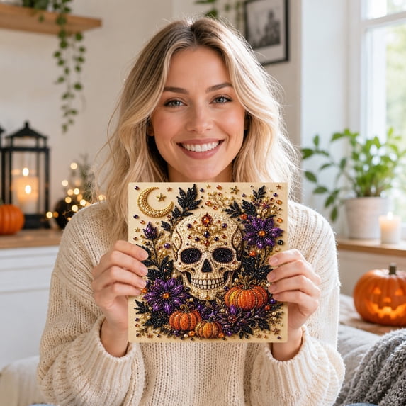 DIY Halloween Pearl Diamond Painting Art Kit with Frame, Halloween Pearl Beads Art Craft for Adults & Beginners, Gemstone Diamond Dots Beads Painting for Home Wall Decor(Skeleton)
