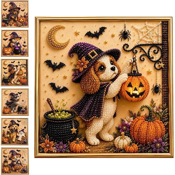 DIY Halloween Pearl Diamond Painting Art Kit, Full Round Pearl Rhinestone Wizard Dog Canvas Picture with Golden Frame, 7.8Inch Jack O Lantern Bat Moon Wall Decor Craft Gift for Adults Beginners