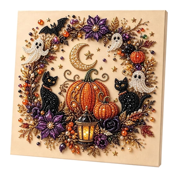 DIY Halloween Pearl Diamond Painting Art Kit, Full Round Rhinestone Black Cat Ghost Pumpkin Wreath Canvas Art with Frame, Purple Flower Star Crescent Moon Mantel Bedroom Craft Gift