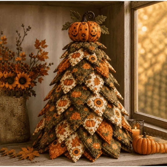 DIY Halloween Pumpkin Quilting Project Kit, 3D Fabric Tree Patchwork Sewing Craft Set for Adults, Thanksgiving Tabletop Decor Handcraft Project, Pre-Cut Patterns