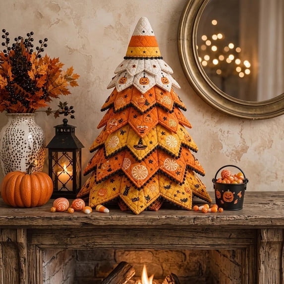 DIY Halloween Quilted Fabric Tree Kit, 3D Candy Corn Fabric Craft Set, Spooky Seasonal Decor for Tabletop, Shelf, Mantel and Home