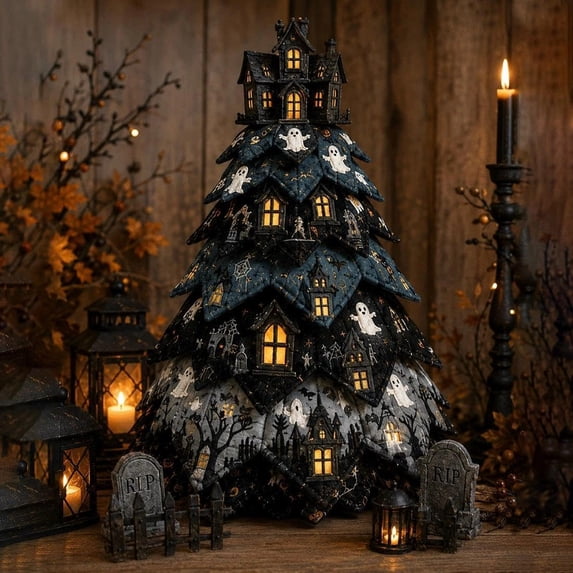 DIY Halloween Quilted Fabric Tree Kit, 3D Fabric Halloween Tree Sewing Craft Set, Spooky Decorative Tabletop Tree Kit for Home Decor Halloween Decorations Birthday Gfts