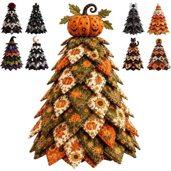 DIY Halloween Quilted Fabric Tree Kit 3D Handmade Padded Sewing Craft Decor | Holiday Mantel Decor, Handmade Tabletop Gift for Craft Lovers, Black Cat Pumpkin Witch Design, Charming Patchwork Bundle