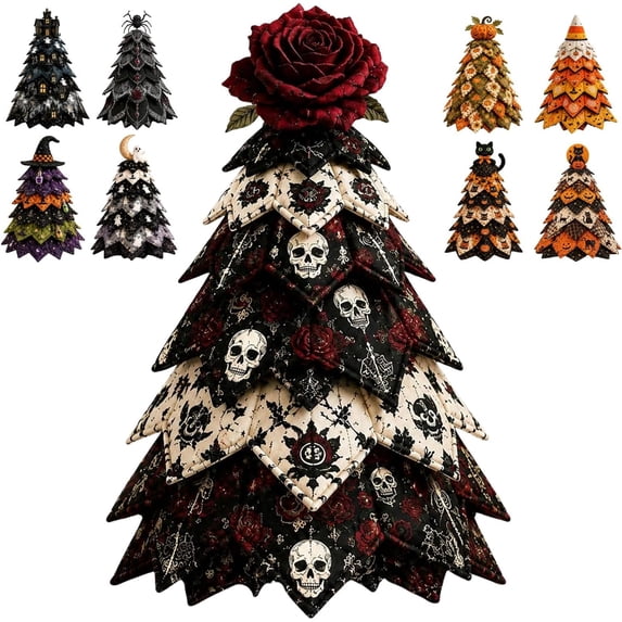 DIY Halloween Quilted Fabric Tree Kit 3D Handmade Padded Sewing Craft Decor | Holiday Mantel Decor, Handmade Tabletop Gift for Craft Lovers, Black Cat Pumpkin Witch Design, Charming Patchwork Bundle