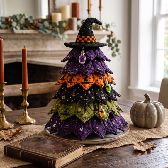 DIY Halloween Quilted Fabric Tree Kit, 3D Layered Fabric Sewing Craft Kit, 3D Padded Sewing Craft Project, Handmade Halloween Tabletop Decor for Mantel Shelf Home Display