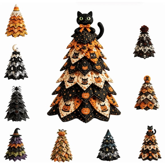 DIY Halloween Quilted Fabric Tree Kit, 3D Layered Sewing Craft Set for Farmhouse Halloween Home Decor, Handmade Quilting Project with Moonlit Design (Black Cat)