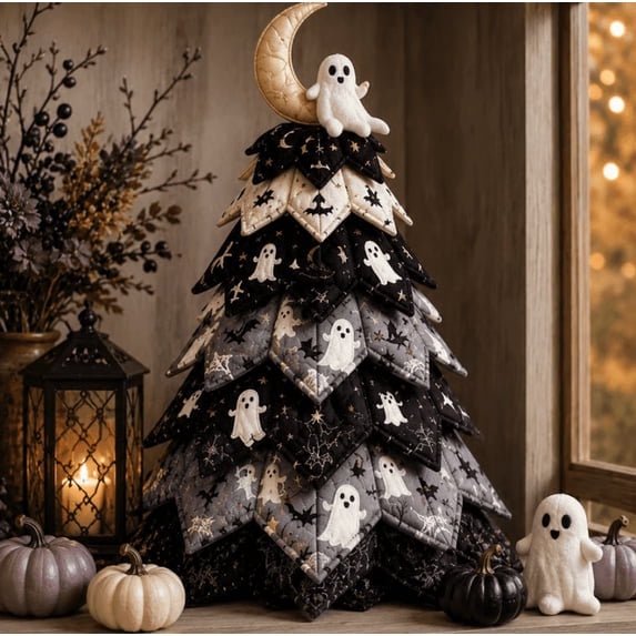 DIY Halloween Quilted Fabric Tree Kit, 3D Padded Sewing Craft Project, Seasonal Mantel Shelf Decor, Halloween Home Decor, Handmade Holiday Gift for Crafters(A)