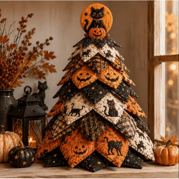 DIY Halloween Quilted Fabric Tree Kit, 3D Padded Sewing Craft Project, Seasonal Mantel Shelf Decor, Halloween Home Decor, Handmade Holiday Gift for Crafters(A)