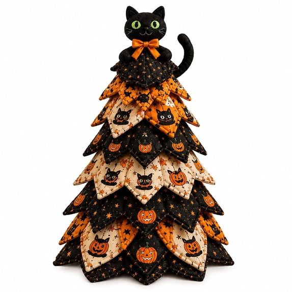 DIY Halloween Quilted Fabric Tree Kit,3D Padded Sewing Craft Project,Sewing Craft Supplies With Illustrated Guide,Home Decor,Handmade Holiday Gift For Crafters A-Black Cat