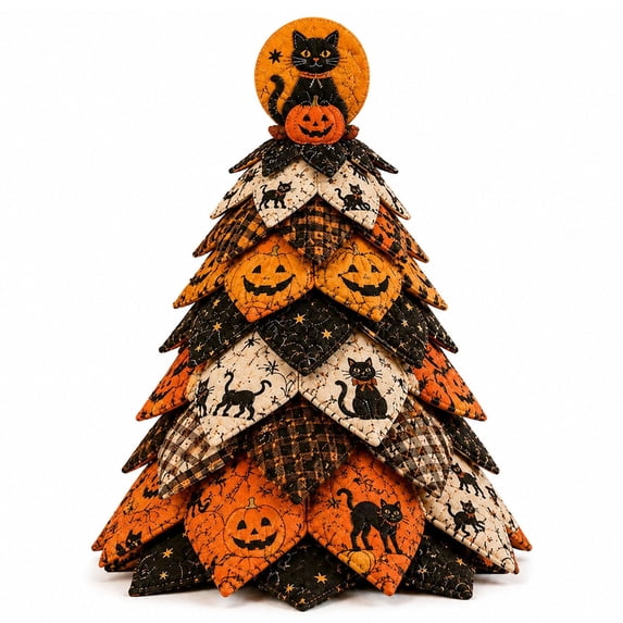 DIY Halloween Quilted Fabric Tree Kit,3D Padded Sewing Craft Project,Sewing Craft Supplies With Illustrated Guide,Home Decor,Handmade Holiday Gift For Crafters A-Pumpkin Black Cat