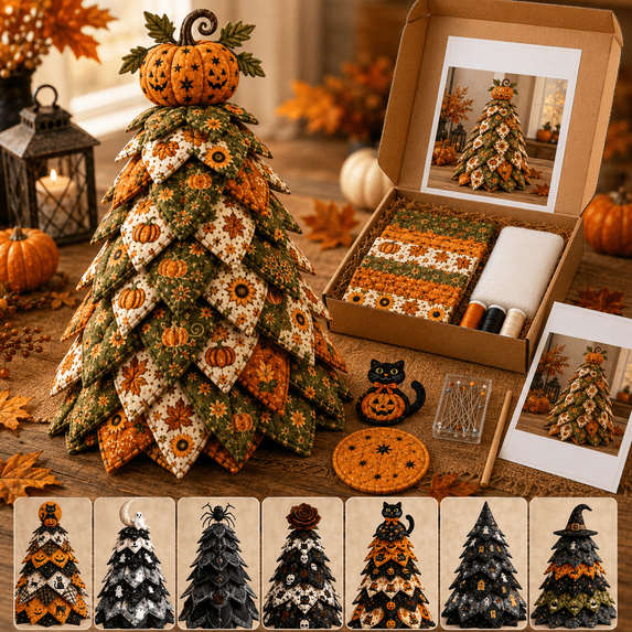 DIY Halloween Quilted Fabric Tree Kit, 3D Sewing Craft Kit with Fabric Pieces and Instructions, Handmade Seasonal Decoration Project for Adults Beginners, Halloween Home Decor Gift