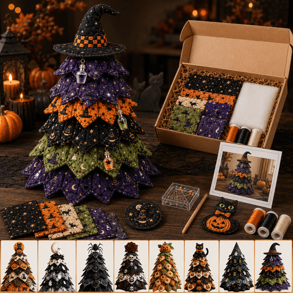 DIY Halloween Quilted Fabric Tree Kit, 3D Sewing Craft Kit with Fabric Pieces and Instructions, Handmade Seasonal Decoration Project for Adults Beginners, Halloween Home Decor Gift