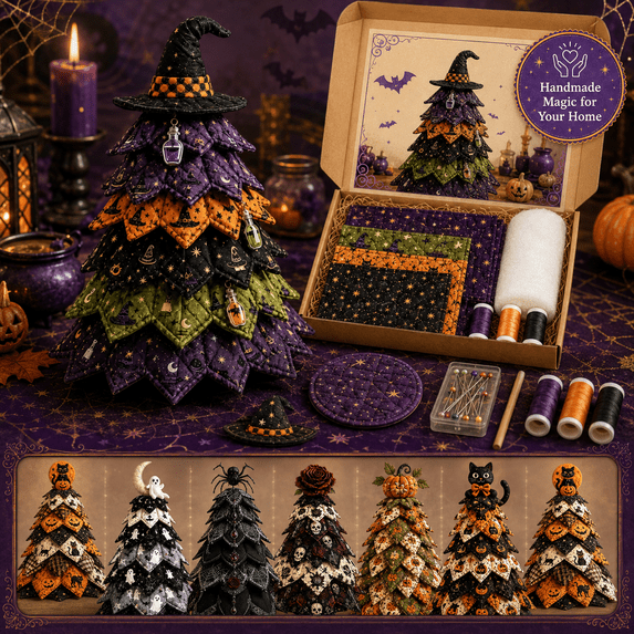 DIY Halloween Quilted Fabric Tree Kit, Beginner Sewing Craft Project with Illustrated Guide, 3D Fabric Tree Making Kit for Quilters, Adults and Handmade Holiday Decoration