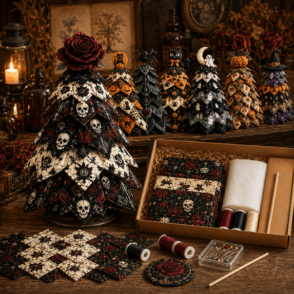 DIY Halloween Quilted Fabric Tree Kit, Beginner Sewing Craft Project with Illustrated Guide, 3D Fabric Tree Making Kit for Quilters, Adults and Handmade Holiday Decoration