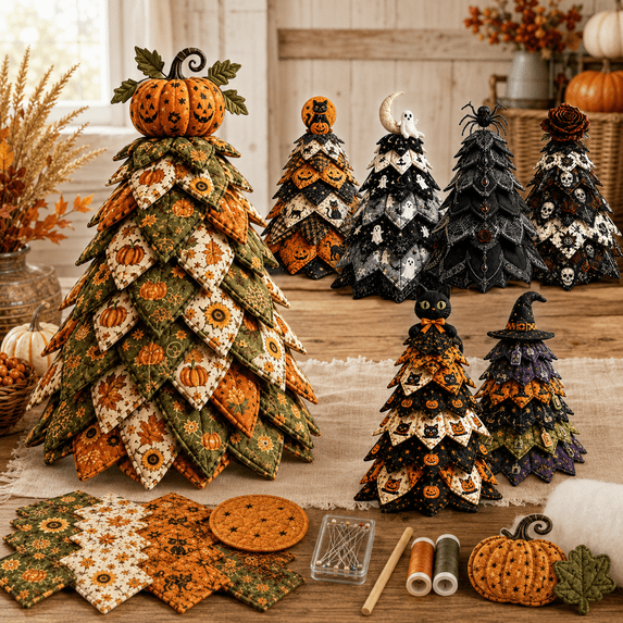 DIY Halloween Quilted Fabric Tree Kit, Beginner Sewing Craft Project with Illustrated Guide, 3D Fabric Tree Making Kit for Quilters, Adults and Handmade Holiday Decoration