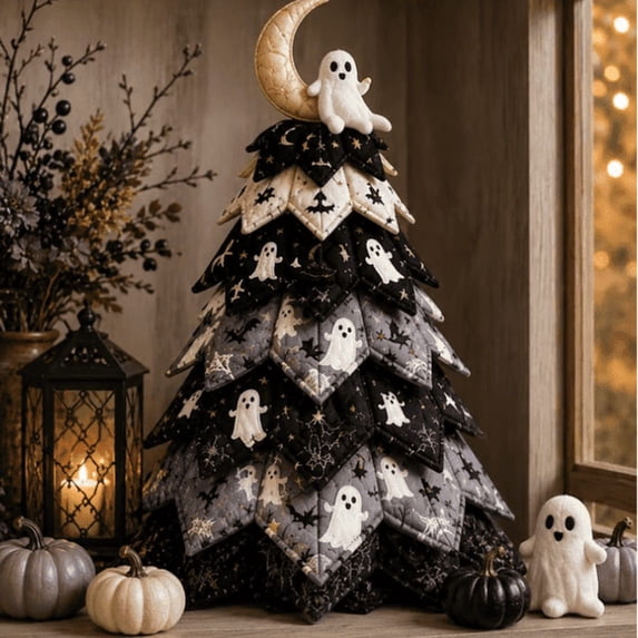 DIY Halloween Quilted Fabric Tree Kit, Complete Fabric Craft Set with Tree Silhouette & Halloween Motifs, Beginner-Friendly Quilting Project for Adults