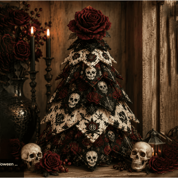DIY Halloween Quilted Fabric Tree Kit, Complete Sewing Craft Supplies with Illustrated Guide, Cozy Spooky Farmhouse Halloween Craft Set Skeleton Rose