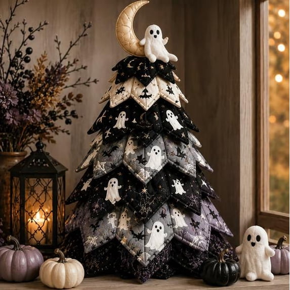 DIY Halloween Quilted Fabric Tree Kit, Ghost Moonlight DIY Tree Patchwork Kit, Quilted Layered Craft Kit for Halloween Harvest Festival Table Decor