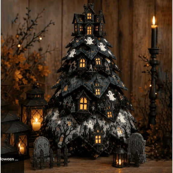 DIY Halloween Quilted Fabric Tree Kit, Ghost Moonlight Patchwork Craft Kit, Quilted Layered Tree for Halloween Harvest Table Decor