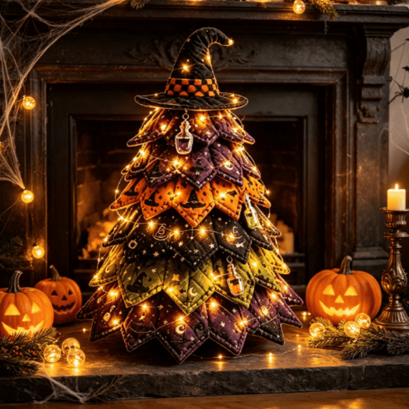 DIY Halloween Quilted Fabric Tree Kit, LED Lighted String Patchwork Craft Set, Halloween Tabletop Shelf Decor for Mantel and Entryway(Witch Hat)