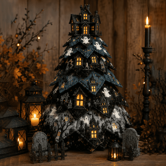 DIY Halloween Quilted Fabric Tree Kit - Patchwork Fabric Halloween Tabletop Tree, Autumn Mantel Ornament for Adult Rustic Farmhouse Seasonal Display