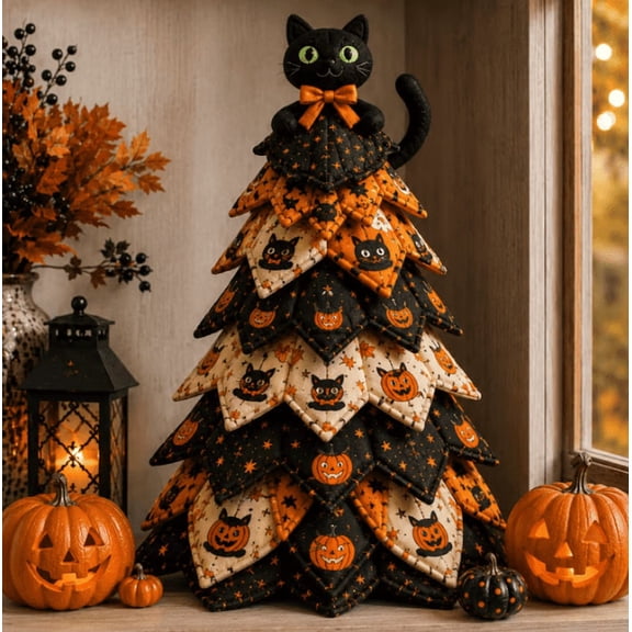 DIY Halloween Quilted Fabric Tree Kit - Patchwork Fabric Halloween Tabletop Tree, Autumn Mantel Ornament for Adult Rustic Farmhouse Seasonal Display