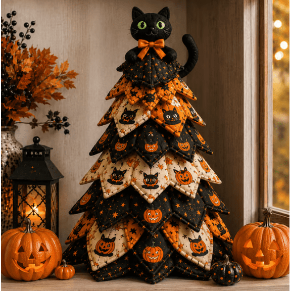 DIY Halloween Quilted Fabric Tree Kit , Patchwork Fabric Halloween Tabletop Tree, Autumn Mantel Ornament for Adult Rustic Farmhouse Seasonal Display