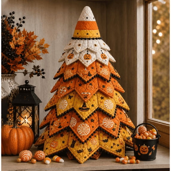 DIY Halloween Quilted Fabric Tree Kit - Quilted Patchwork Fabric Halloween Tabletop Tree, Autumn Mantel Ornament for Adult Rustic Farmhouse Seasonal Display