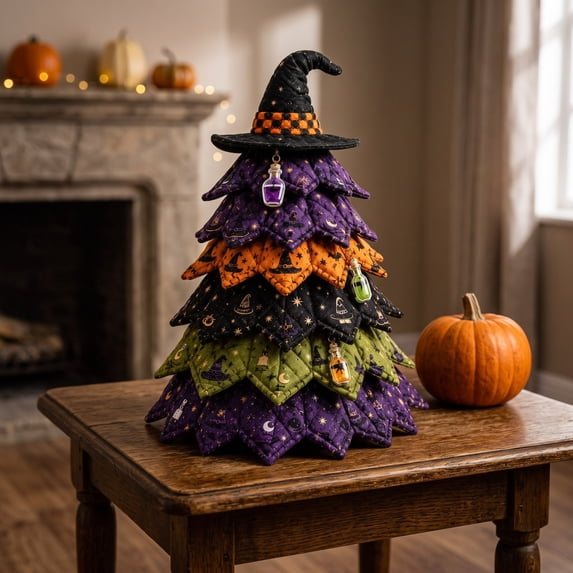 DIY Halloween Quilted Fabric Tree Kit,Sewing Craft Project with Padded Fabric Pieces Handmade,Fall Holiday Decoration for Mantel Shelf,Tabletop,Home Decor Gift(D)