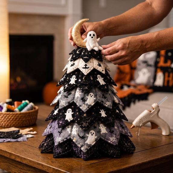 DIY Halloween Quilted Fabric Tree Kit,Sewing Craft Project with Padded Fabric Pieces Handmade,Fall Holiday Decoration for Mantel Shelf,Tabletop,Home Decor Gift(B)