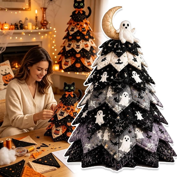 DIY Halloween Quilted Fabric Tree Sewing Kit, 7.87" Folded Fabric Christmas Tree Craft Project for Quilters & Beginners, Perfect Tabletop Halloween Decor Gift