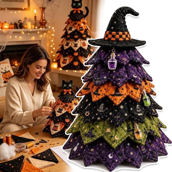 DIY Halloween Quilted Fabric Tree Sewing Kit, 7.87" Folded Fabric Christmas Tree Craft Project for Quilters & Beginners, Perfect Tabletop Halloween Decor Gift