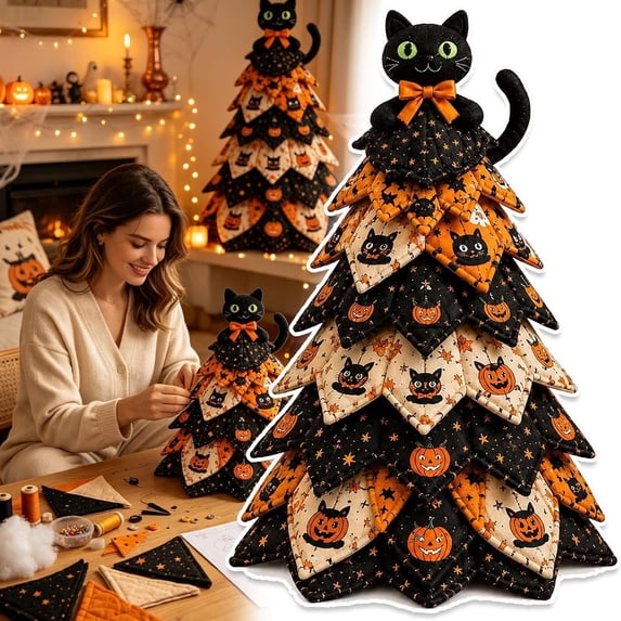 DIY Halloween Quilted Fabric Tree Sewing Kit, 7.87" Folded Fabric Christmas Tree Craft Project for Quilters & Beginners, Perfect Tabletop Halloween Decor Gift