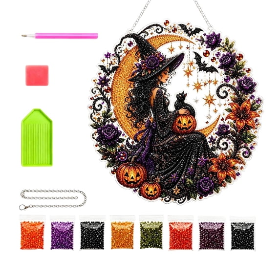 DIY Halloween Witch Silhouette Black Cat Pumpkin Diamond Painting Suncatcher Kit, Crystal Pearl Round Hanging Ornament, Acrylic Sun Catcher Diamond Art for Spooky Holiday Home Decor 25cm