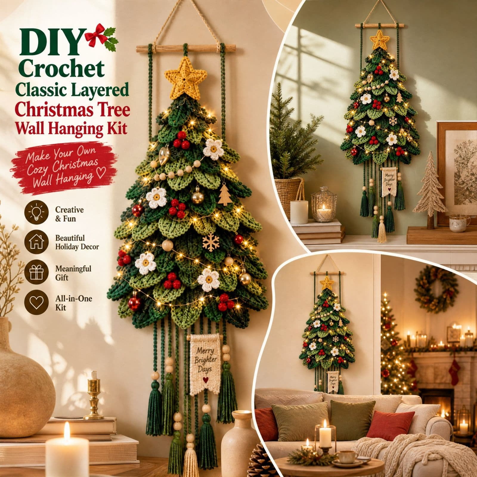 DIY Hand‑Knitted Hanging Wall Christmas Tree Ornament with Light String ...