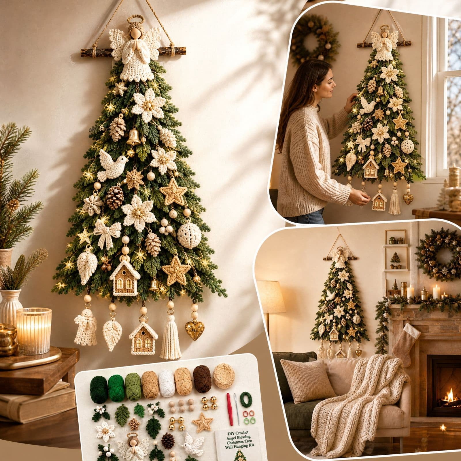 DIY Hand‑Knitted Hanging Wall Christmas Tree Ornament with Light String ...