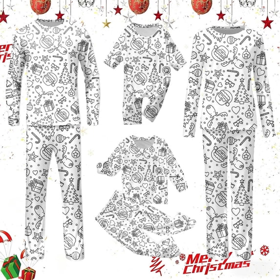 DIY Hand Painted Coloring Matching Family Christmas Pajamas Set Printing Long Sleeve Pullover Top and Pants with Nightgown for Adults