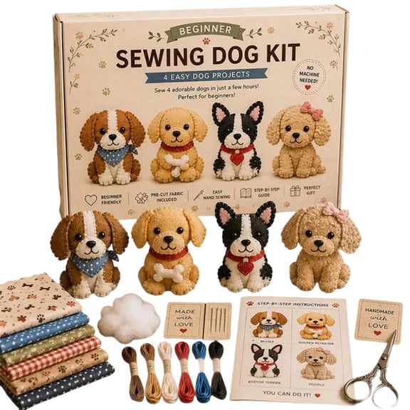 DIY Hand Sewing Kit Pre-Cut Felt Fabric Dog Craft Making Set Puppy Stuffed Animal Making Set Complete Sewing Supplies for Adults Kids Craft Lovers