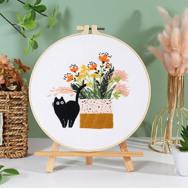 DIY Handmade Embroidery Kit - Cute Cat Embroidery Kit for Adults Beginners, Stamped Cross Stitch Starter Kits Include Embroidery Needlepoint Cloth Hoops Needles Threads and Instruction