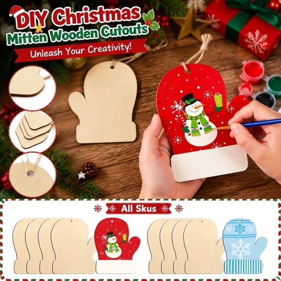 DIY Handmade Graffiti Painting Christmas Gloves Wood Chips Craft Kit for Kids and Adults, Creative Holiday Decor Gift with Hemp Rope, 8 Pcs