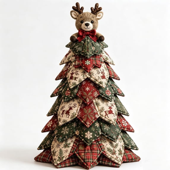 DIY Handmade Quilted Fabric Christmas Tree Decor,Patchwork Cloth Mini Xmas Tree with Plush Topper,Rustic Farmhouse Tabletop Ornament for Holiday Dining Mantel Home Christmas Decoration