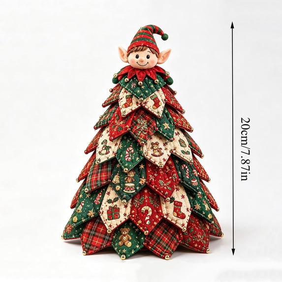 DIY Handmade Quilted Fabric Christmas Tree Decor,Patchwork Cloth Mini Xmas Tree with Plush Topper,Rustic Farmhouse Tabletop Ornament for Holiday Dining Mantel Home Christmas Decoration