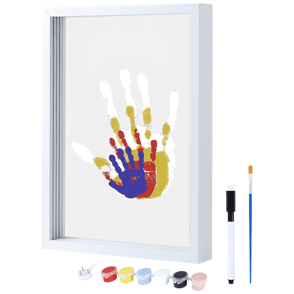 DIY Handprints Photo Frame Kit, 6 Color Washable Paint for Couple or Family Hand Printing Art, 11.8 x 8.3 x 2.0 Inch White Shadow Box Display, Creative Valentine's Day, Mother's Day, Birthday Present