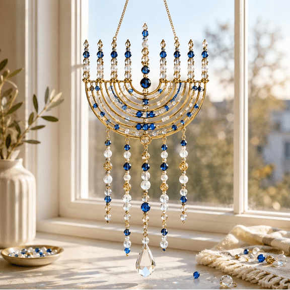 DIY Hanukkah Beaded Suncatcher Kit, Sparkling Crystal Craft Set with Traditional Symbols for Creating Meaningful Holiday Window Hanging Decor (Menorah Glow)