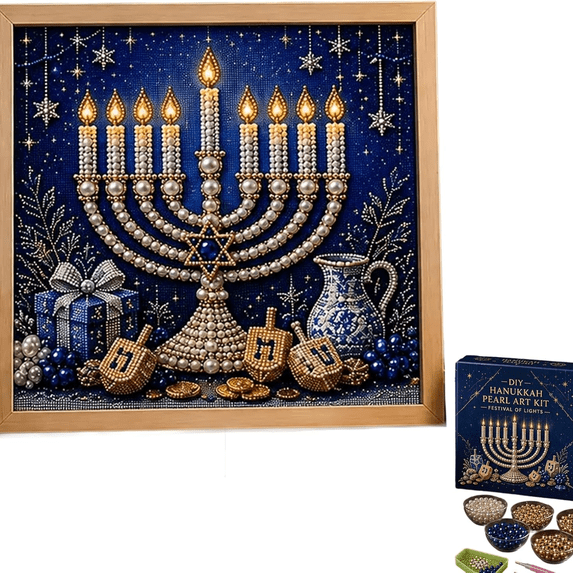 DIY Hanukkah Pearl Art Kit, Chanukah Themed Diamond Painting Craft Set, Pre Printed Canvas and Pearl Beads Art Kit for Handmade Wall Decor During Festival of Lights B
