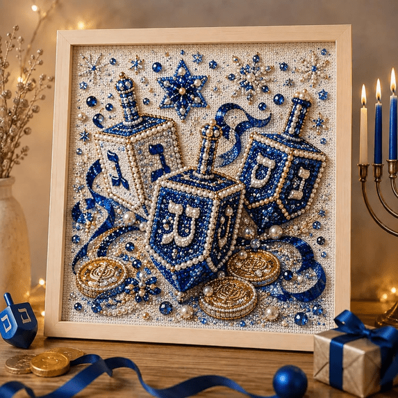 DIY Hanukkah Pearl Art Kit, Chanukah Themed Diamond Painting Craft Set, Pre Printed Canvas and Pearl Beads Art Kit for Handmade Wall Decor During Festival of Lights C