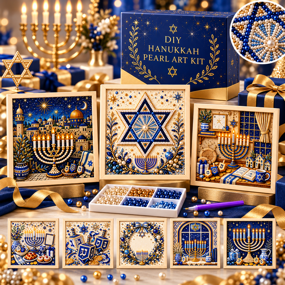 DIY Hanukkah Pearl Art Kit, Festival of Lights Menorah Dreidel Craft with Pearls Gems and Display Frame, Blue White Gold Holiday Wall Table Decor, 8 Styles
